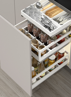 白色多层b调味篮三层拉篮阻尼厨房橱柜厨柜304不锈钢抽屉式开门式