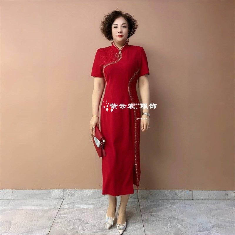 高端年轻妈妈婚宴旗袍夏季短袖婚礼喜婆婆结婚高贵长款礼服连衣裙