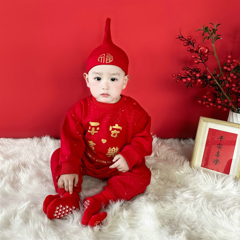 送帽子 加绒婴儿服装满月摆酒周岁福 男女宝宝拜年服连身哈衣爬服