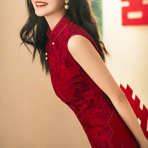 苏爱旗袍敬酒服新娘2023新款女夏季气质中式订婚礼服红色无袖