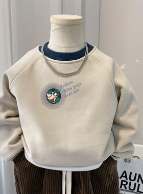 儿童上衣男童卫衣加绒秋冬2023新款圆H领内搭衣中童小童男孩潮洋