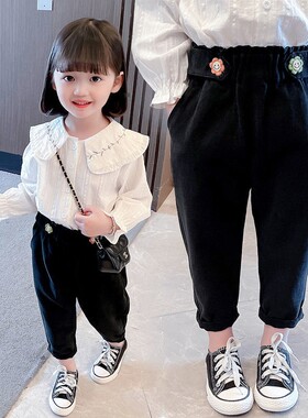 女童裤子春秋g外穿2021新款时尚秋款炸街洋派黑色休闲长裤儿童秋