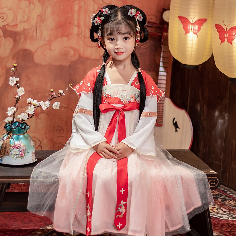 茗楠之家女童汉服秋季长袖襦y裙小学生中国风超仙连衣裙儿童唐装