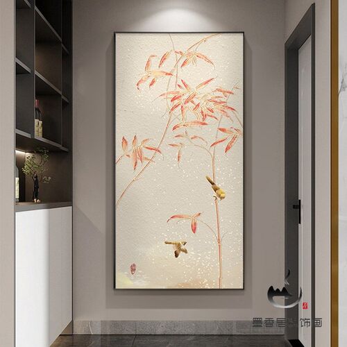 鹊上枝头入户玄关装饰画竖版新中式禅意走廊过道挂画花鸟茶室壁画