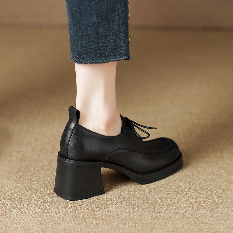 真皮大粗跟深口单鞋高跟鞋防水台圆头大头鞋秋季女鞋小皮鞋复古风