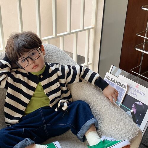 秋季新款儿童针织开衫男童女童包芯E纱条纹黑色毛衣宝宝百搭上衣