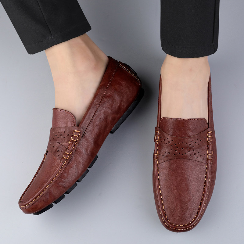 真皮休闲司机鞋2023年新款豆豆鞋男时尚雕花一脚蹬手工软面牛皮鞋,流行男鞋,乐福鞋（豆豆鞋）,淘宝优惠券,粉丝福利购,淘宝优惠卷