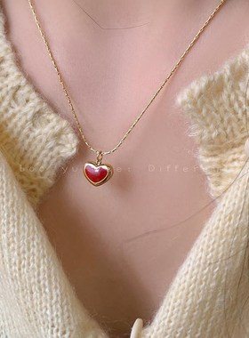 红色爱心项链新款2023爆款轻奢小众高级感锁骨链秋冬毛衣链吊坠女