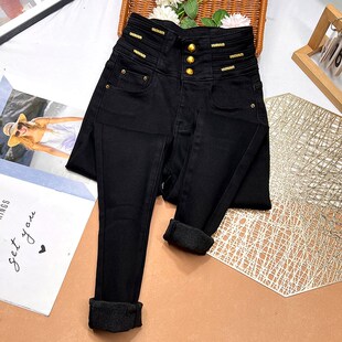 三排扣高腰加薄绒牛仔裤女冬季2024新款收腹显瘦弹力加厚小脚靴裤