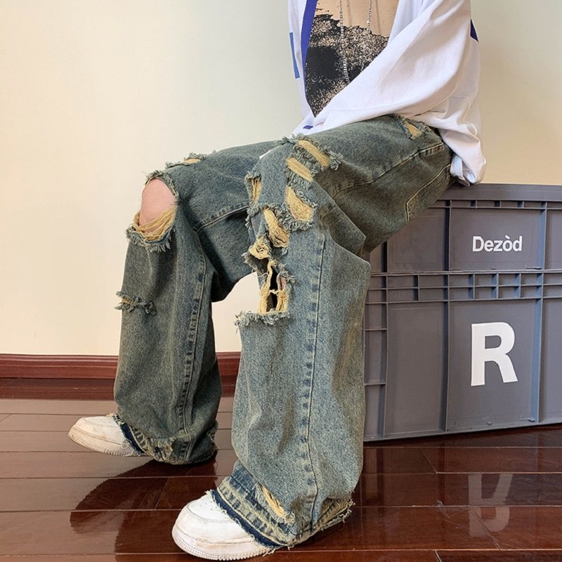 高街破洞中e腰牛仔裤男士复古乞丐做旧宽松显瘦bf直筒阔腿拖地长,男装,牛仔裤,淘宝优惠券,粉丝福利购,淘宝优惠卷