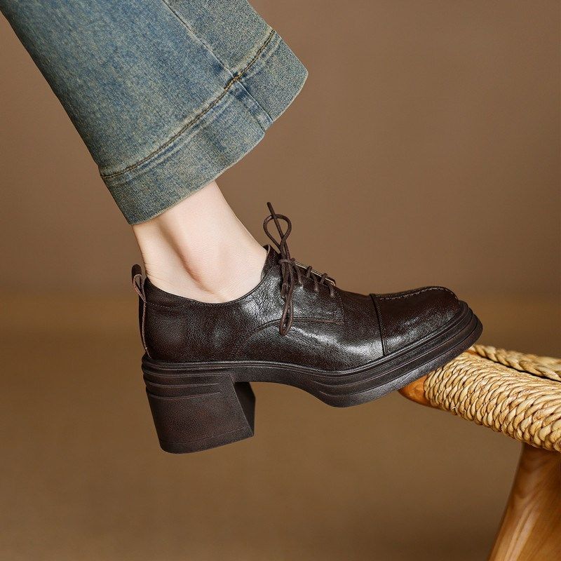 2025春新款真皮厚底系带复古小皮鞋女粗跟防水台圆头羊皮高跟单鞋,女鞋,深口单鞋,淘宝优惠券,粉丝福利购,淘宝优惠卷