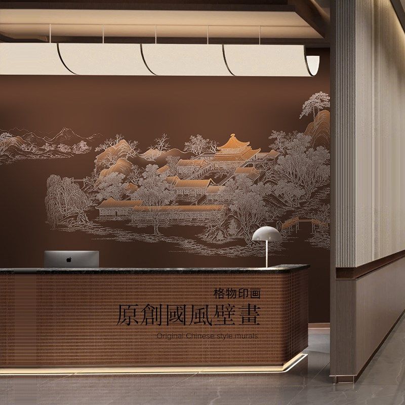新中式国风楼阁墙纸酒店前台背景墙壁纸餐厅O饭店足浴会所装修墙,家装主材,定制壁画,淘宝优惠券,粉丝福利购,淘宝优惠卷