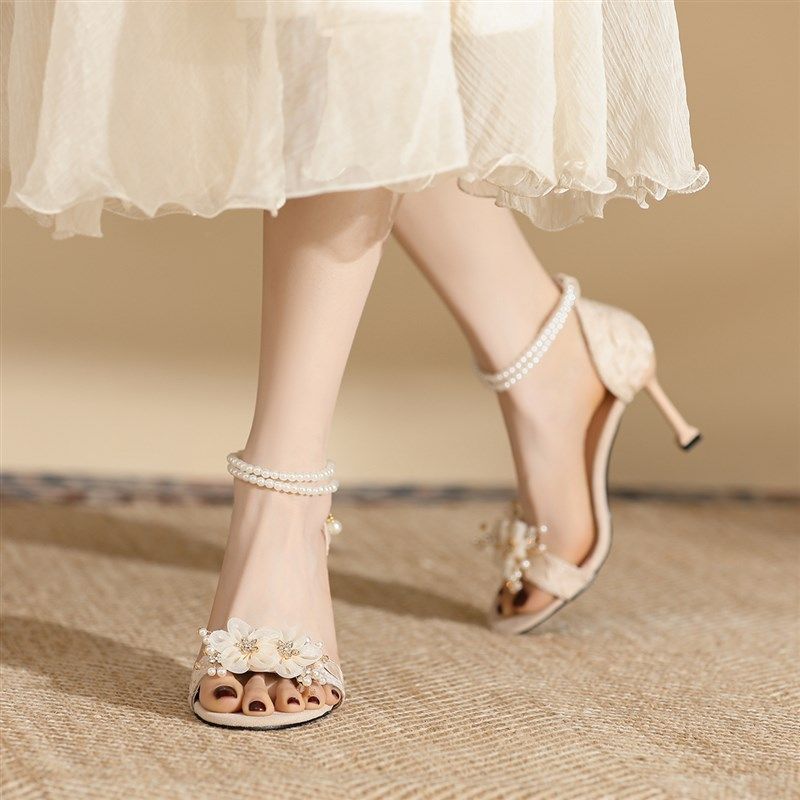 一字带花朵高跟h凉鞋女夏露趾细跟小脚小个子配裙子女鞋小码31323,女鞋,一字带凉鞋,淘宝优惠券,粉丝福利购,淘宝优惠卷