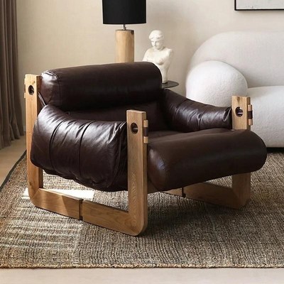 中古风泽西岛休闲椅阳台家用实木单人沙发复古真皮油蜡皮懒人沙发