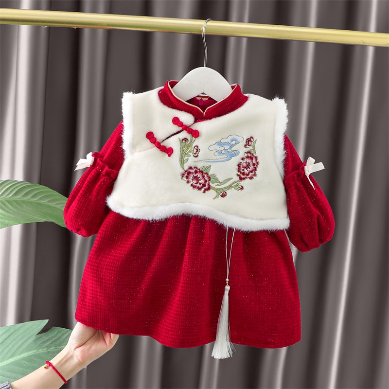 汉服女童连衣裙秋冬装儿童公主裙周岁宝宝礼服小童U过年喜庆拜年