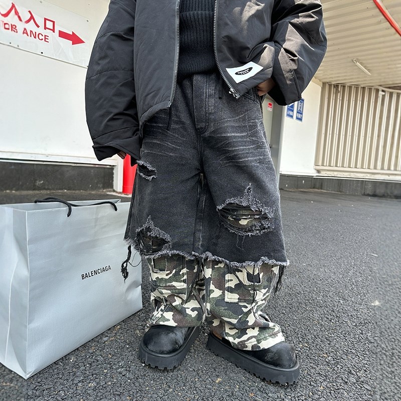 男童加绒牛仔工装裤冬季新款儿童休闲裤J子男孩假两件加厚迷彩长