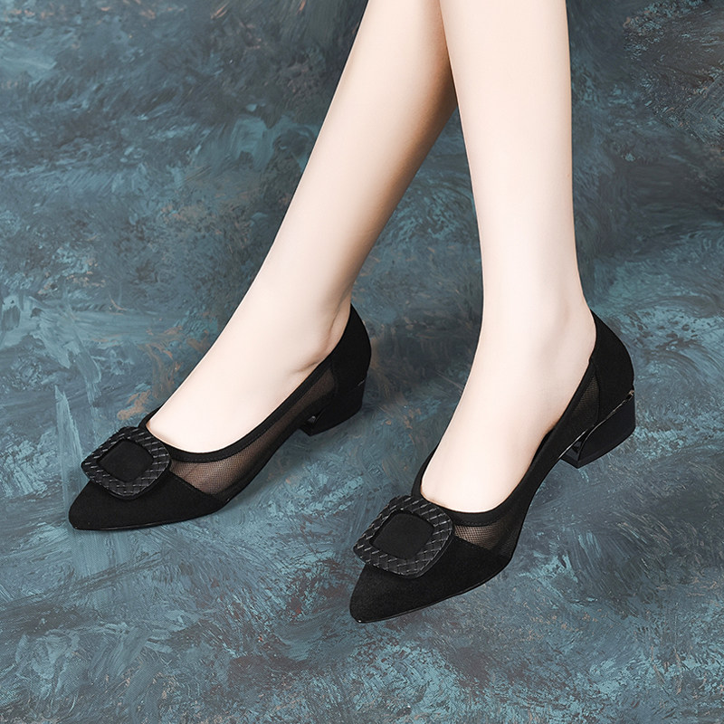 镂空网纱单鞋女鞋浅口2022夏季新款浅口透气粗跟凉鞋低跟舒适皮鞋