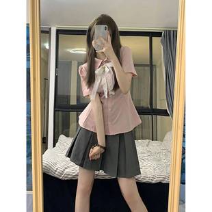 领结 2023夏季 粉色收腰衬衫 箱褶裙JK制服套装 纯色韩式