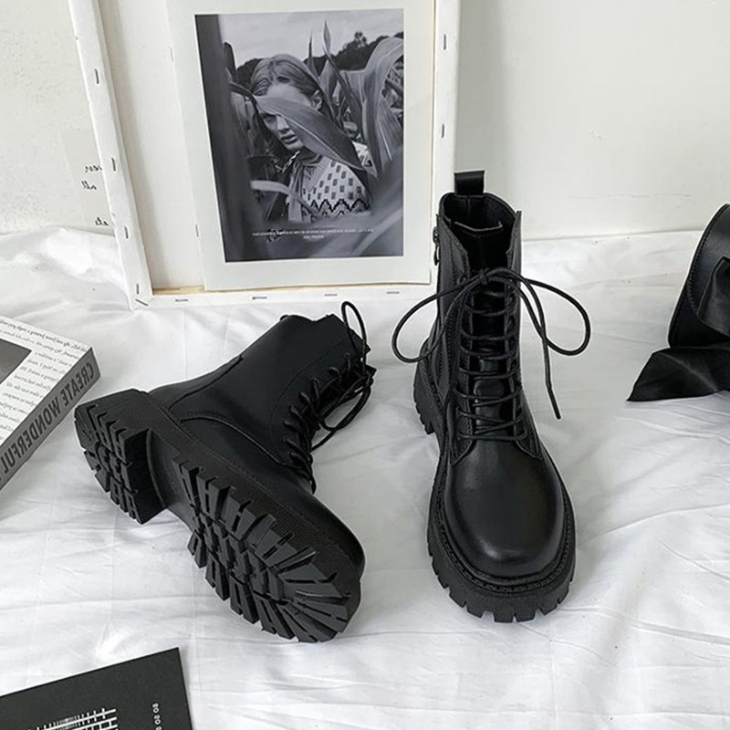 2024新款圆头系带马丁靴女厚底侧拉G链黑色帅气机车靴短筒女机车,女鞋,马丁靴,淘宝优惠券,粉丝福利购,淘宝优惠卷