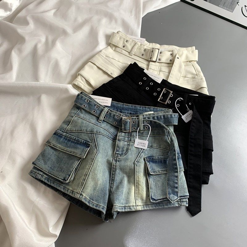 欧货腰带大口袋工装牛仔短裤女春季新款辣妹高腰显瘦阔腿a字热裤