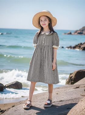 女童连衣裙夏季新款大童花边领复古长裙森系黑白格泡X泡袖儿童裙