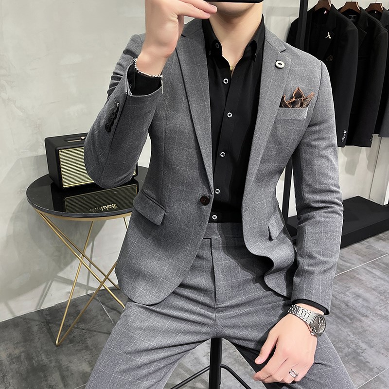 春季新款男士格子西装套装修身y大码时尚商务休闲结婚西服两件套