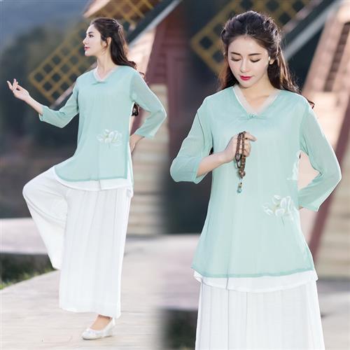夏手绘印花雪纺禅服茶服V领七分袖上衣阔腿裤瑜伽服采耳两件套装