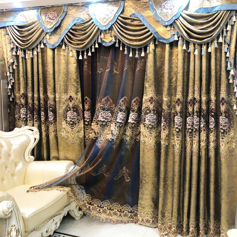 欧式窗帘客厅成品豪华大气落地窗纱帘金色绣花提花别墅窗帘布定制