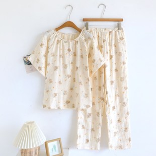 可爱树袋熊卡通印花睡衣女纯棉纱布短袖长裤夏季薄款家居服套装