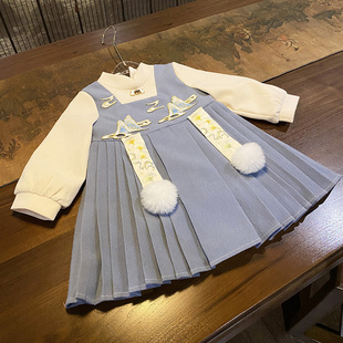 女宝宝秋冬款裙子洋气中国风刺y绣连衣裙小童宽松假两件汉服公主