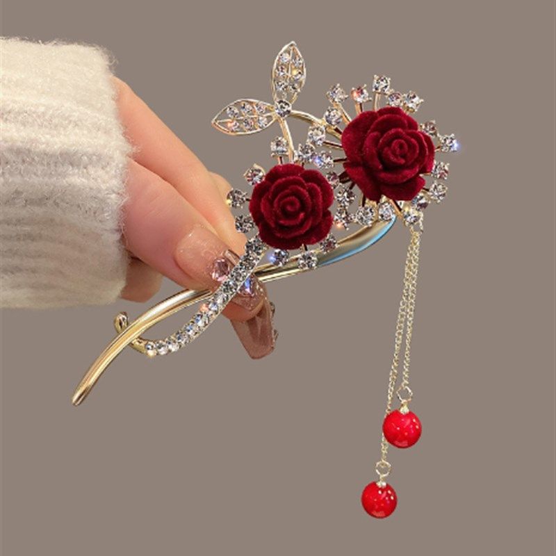 气质红色玫瑰花流苏发夹一字夹后脑Z勺盘发抓夹,特色手工艺,中国结,淘宝优惠券,粉丝福利购,淘宝优惠卷