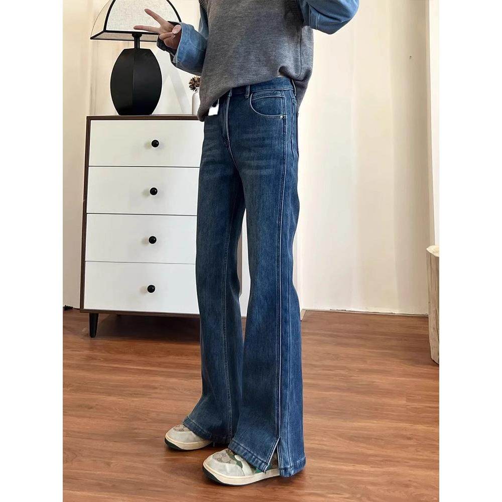 覆古蓝开叉微喇牛仔裤女春秋新款高腰直筒显瘦小个子百搭喇叭裤