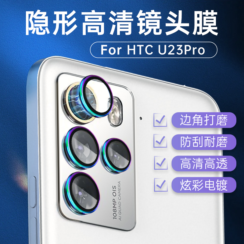 适用HTC U23Pro镜头膜U23镜头保护贴后摄像头钢化膜背面盖相机镜头贴AR增透AF涂油防摔防刮炫彩合金圈-封面