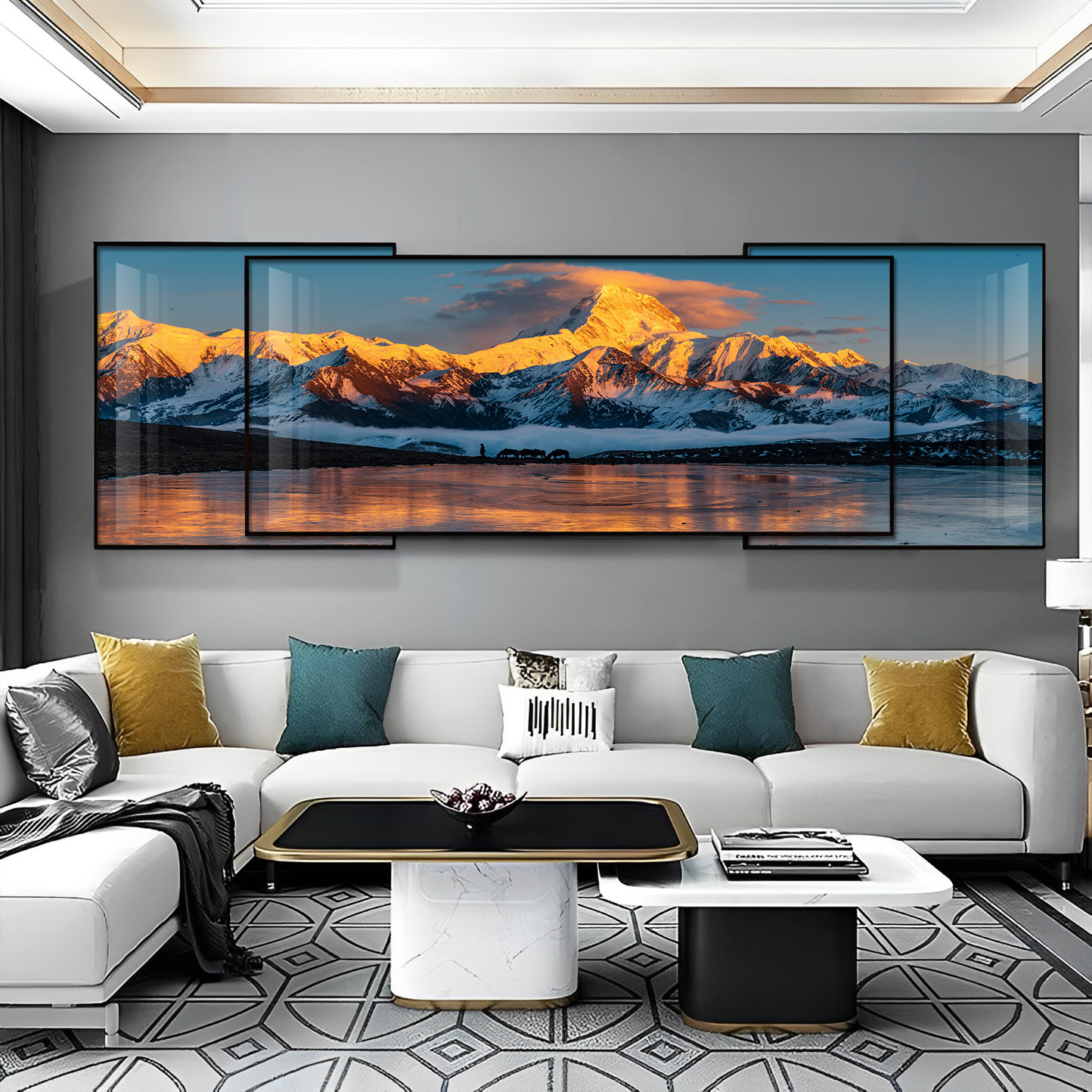 背靠金山客厅叠加装饰画 画高档镶钻带灯大气晶瓷现代沙发背景墙