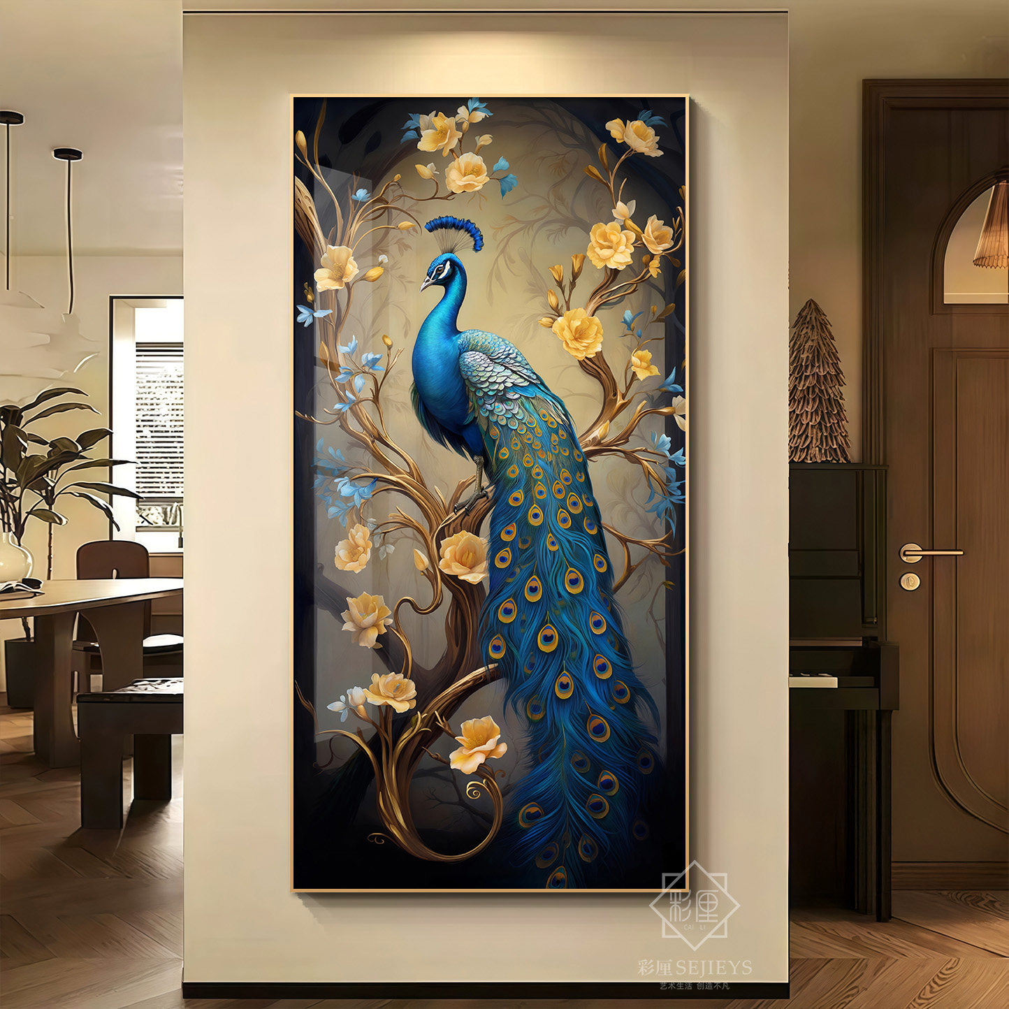 孔雀玄关装饰画 画正对门新中式挂画 画走廊过道壁画 画现代客厅