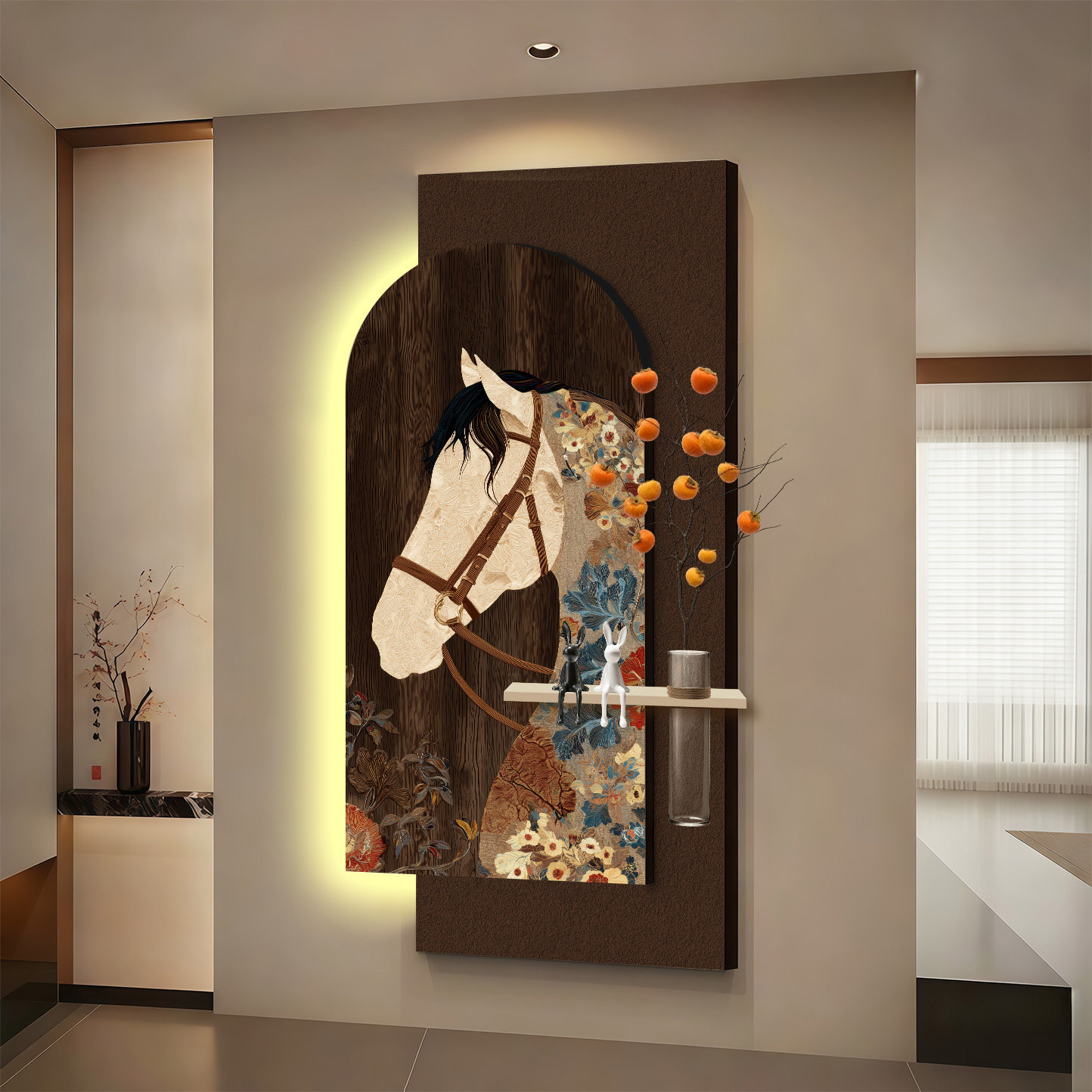 现代轻奢风马匹花卉装饰画客厅玄关挂画高级感LED背光壁画