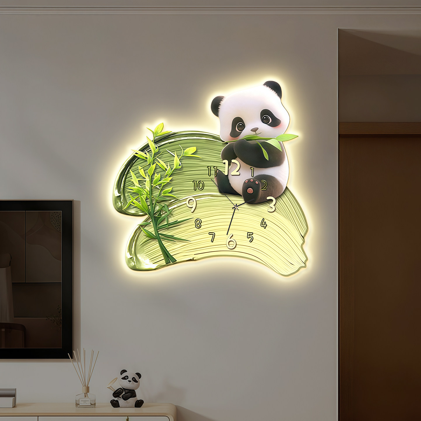 熊猫玄关装饰画竹子时钟客厅背景墙挂画儿童房卧室带灯钟表壁画