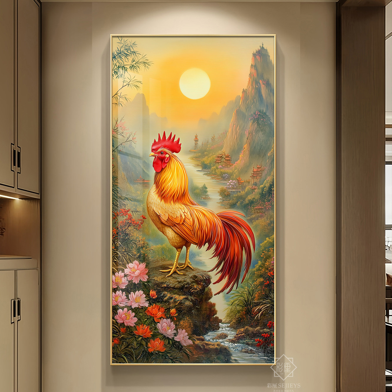 大鸡大利玄关装饰挂画镇宅山水画发光高档带灯入户门大红色公鸡壁