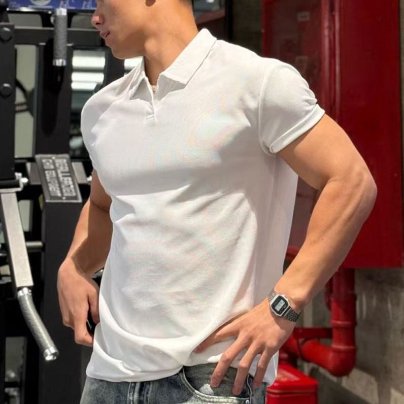 健身短袖男速干色美式运动t恤夏季华夫格跑步训练收袖口POLO衫