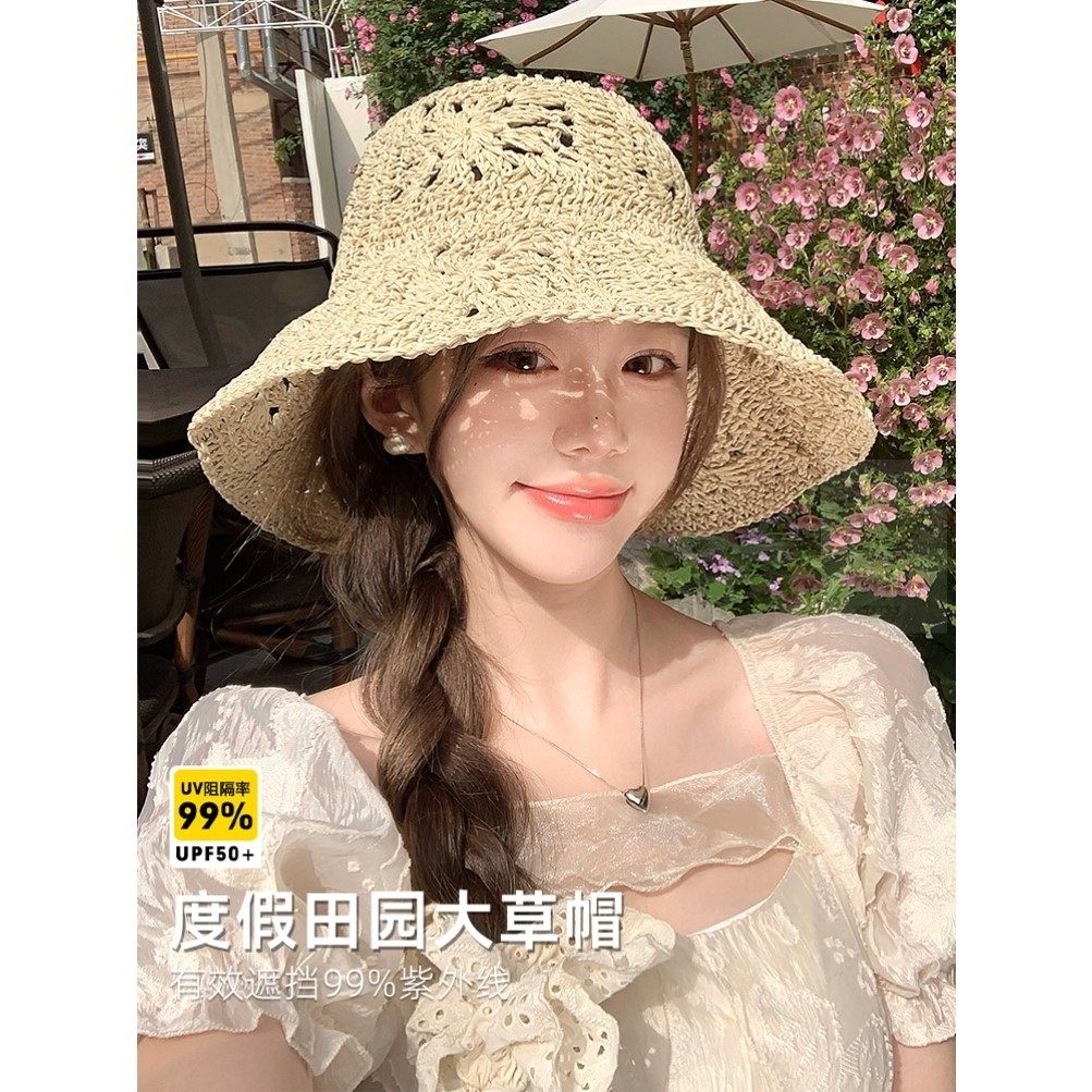 手工草编田园风儿童夏季新款海边大檐镂空沙滩防晒遮阳渔夫帽子