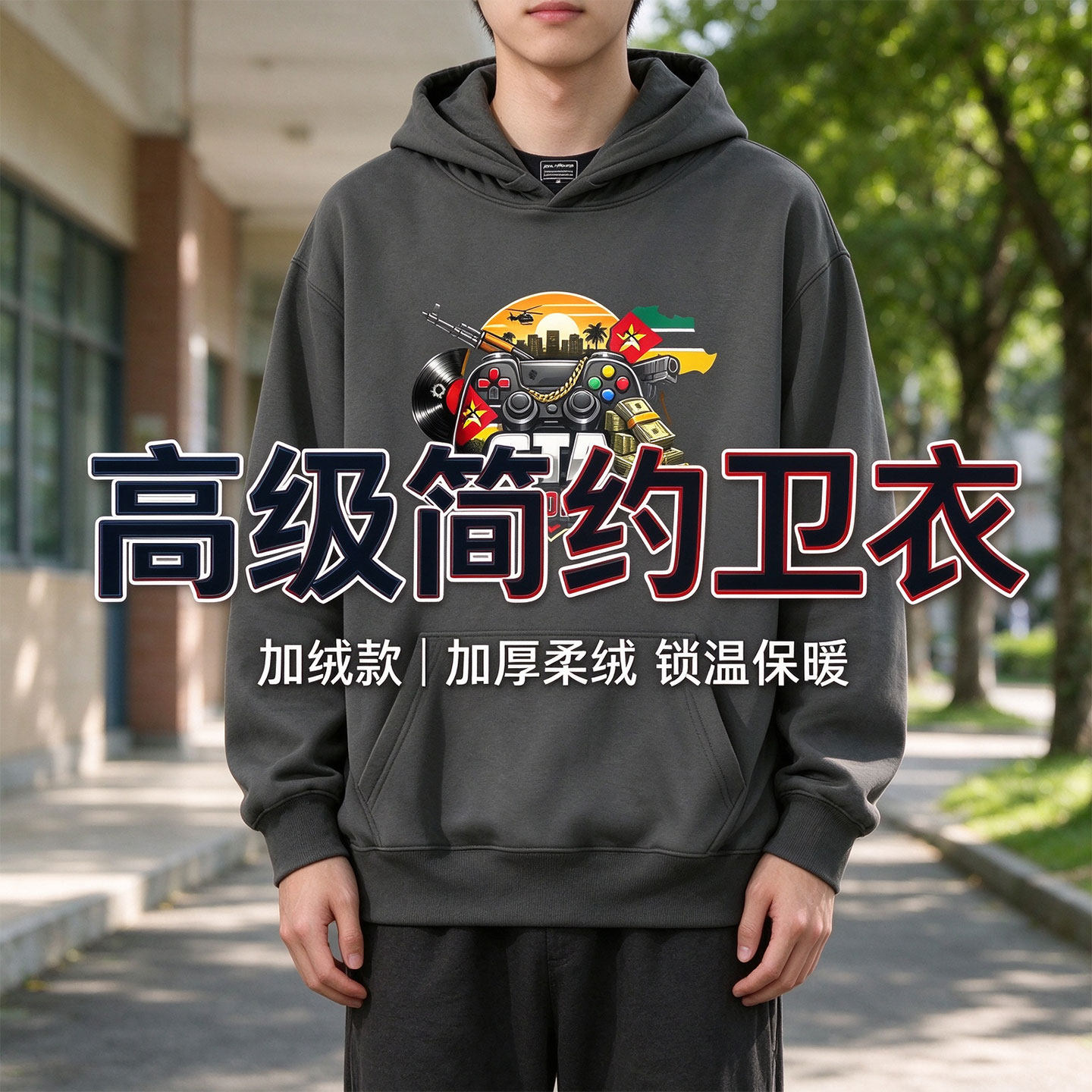 美式潮流游GTA周边游戏手柄嘻哈风连帽圆领男女卫衣加绒薄款衣服
