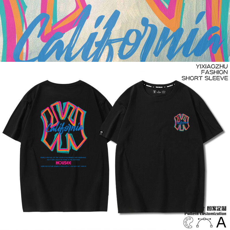 2023新款夏季t恤流行涂鸦彩色wy字母情侣上衣落肩短袖t恤纯棉