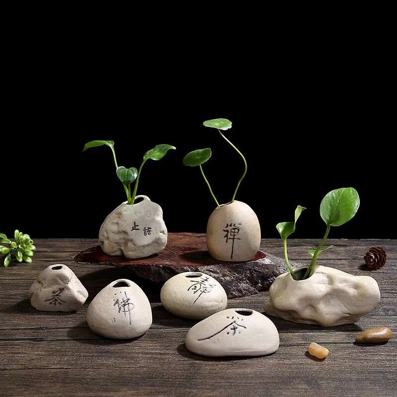 仿石头装饰客厅摆件禅意粗陶花瓶