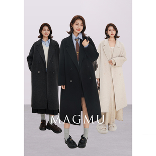 高级感气质外套秋冬 羊毛双面呢大衣女黑中长款 蜜蜂欢乐社