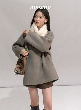 麦格牧【吹雪】羊毛双面呢大衣女小个子短款羊羔毛领外套26年秋冬