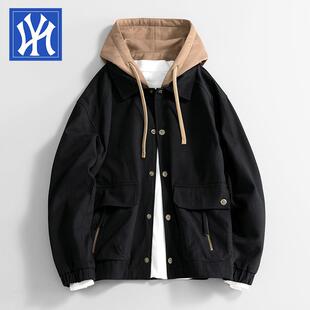 日系夹克外套男春秋新款休闲宽松连帽潮牌男生冲锋衣情侣工装三折