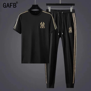 休闲运动套装 休闲套装 男2024夏季 圆领冰丝宽松大码 两件套 薄款 短袖