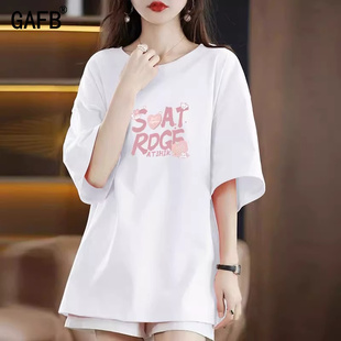 加长遮腰印花圆领T恤衫 短袖 宽松舒适休闲大码 新款 T恤女2025夏季