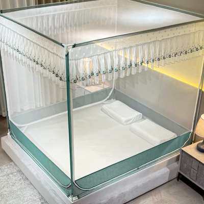 蚊帐2023年新款家用u型三开门儿童防摔蒙古包全底加密回底床笠款