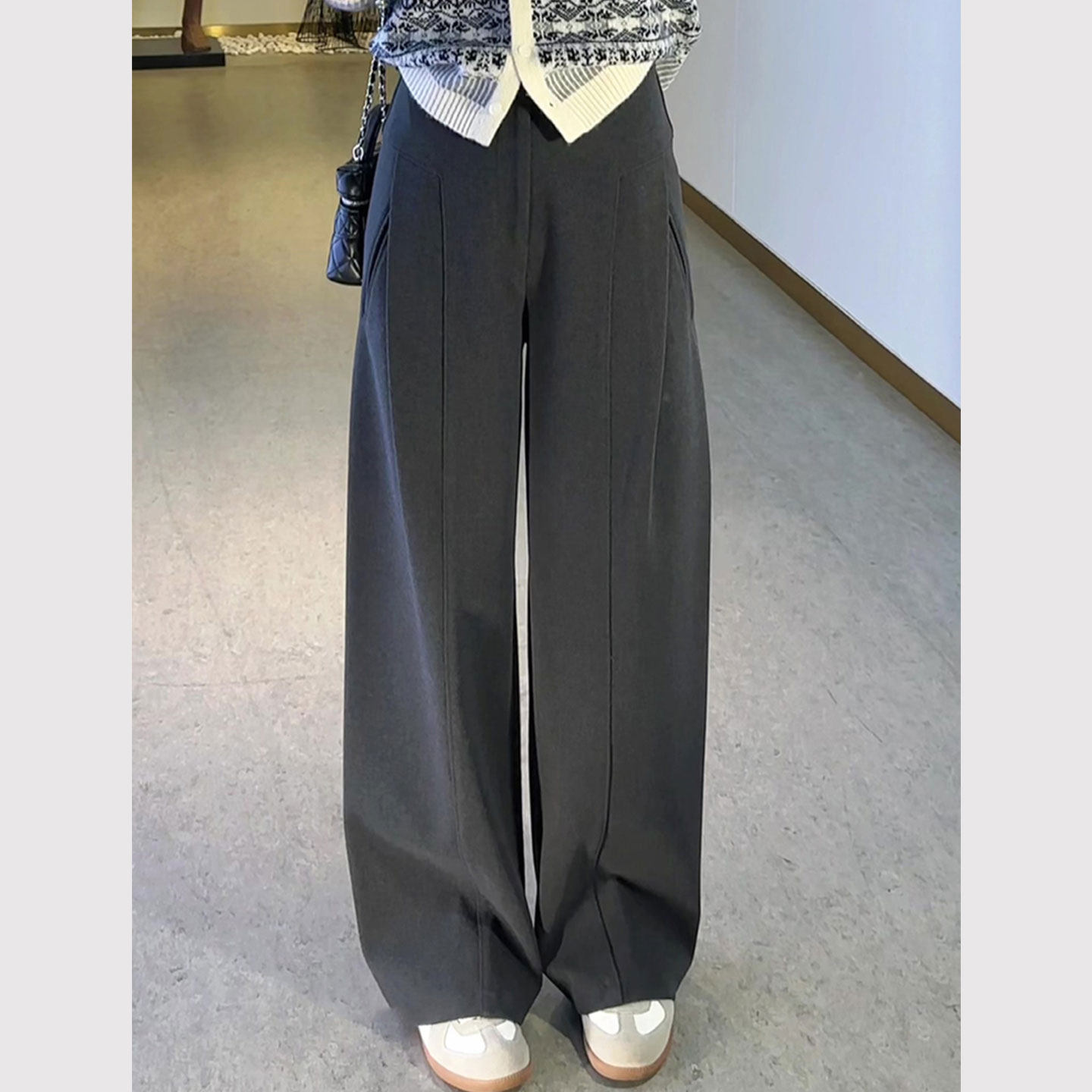 灰色毛呢西装裤女秋冬新款休闲裤胖mm大码宽松显瘦高级感直筒裤子